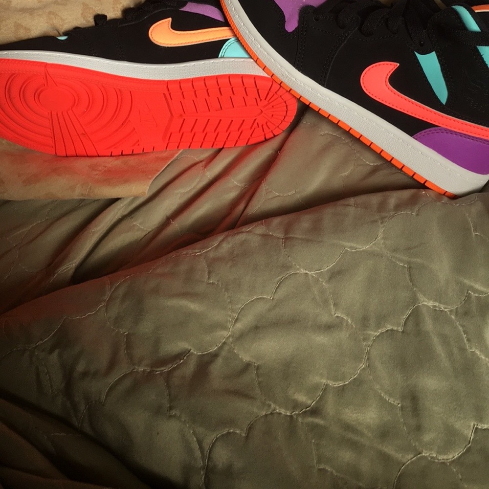 Jordan 1 sneakers size2 youth black purple teal and orange
